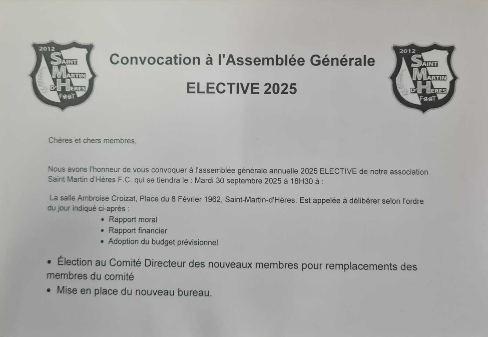 ⚪⚫ ASSEMBLÉE GÉNÉRALE DU SMH F. C.
