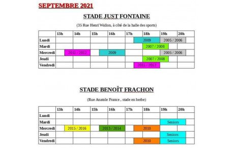 {Planning entraînements - mois de septembre}