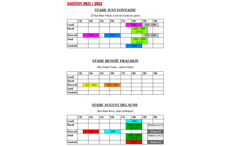 Planning entraînements - Saison 2021/2022